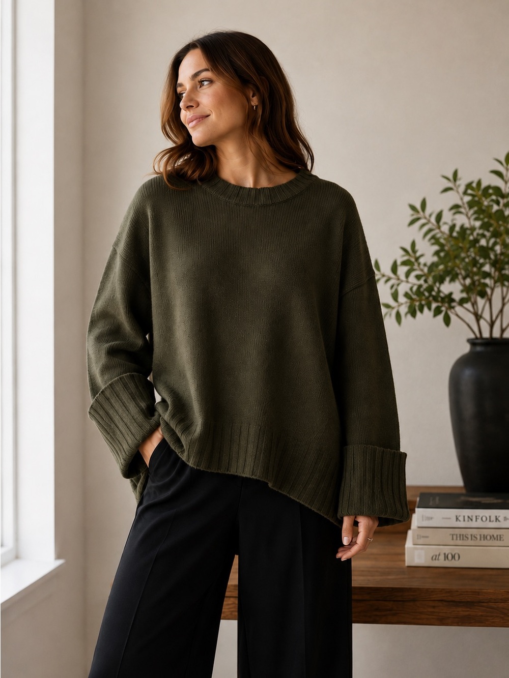Not Monday Mila 100% Cashmere Oversized Sweater Olive Green XS $650